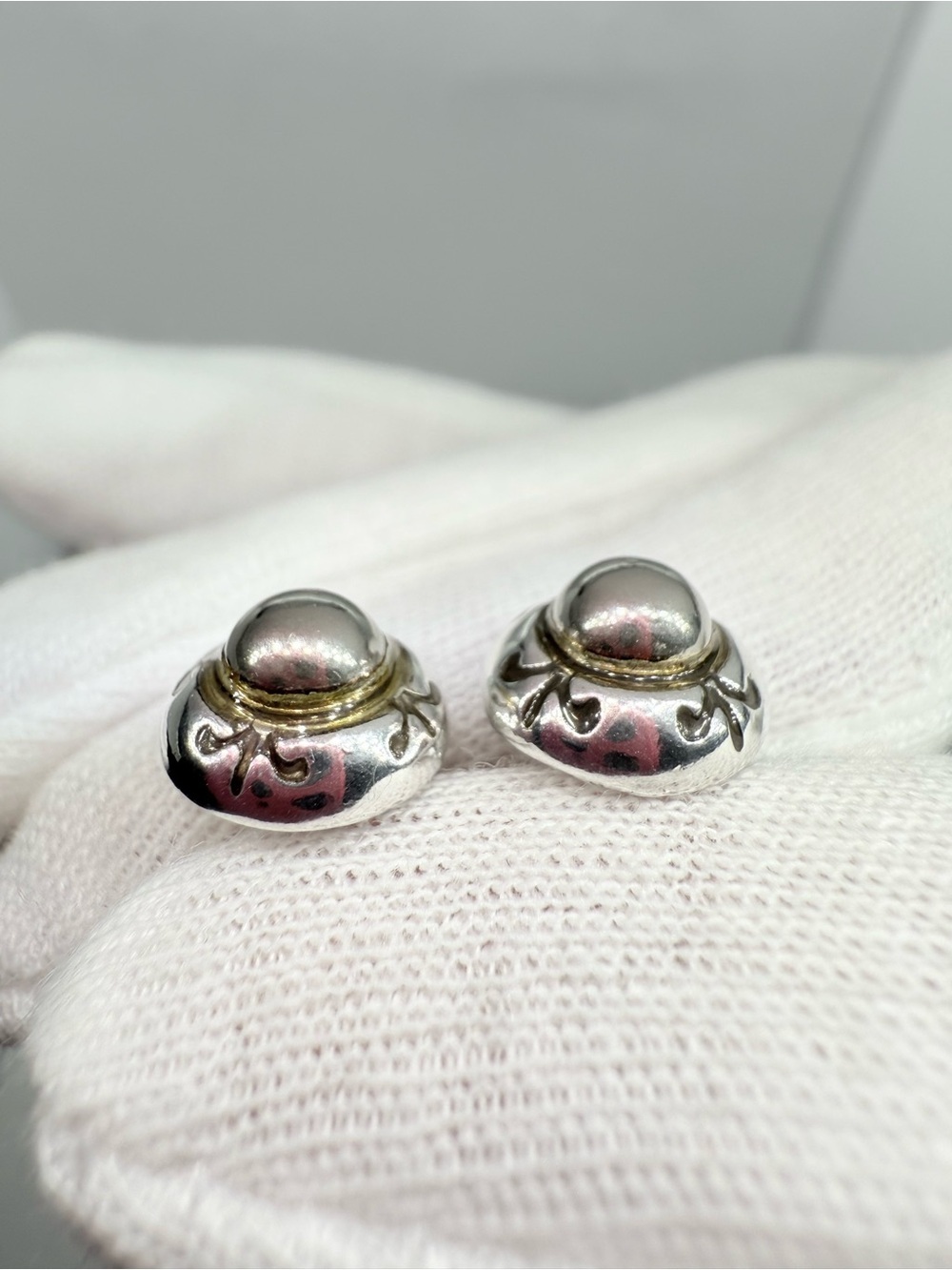 Sterling Silver Two-Tone Dome Stud Earrings - Silver & Gold Accent - Picture 13 of 14